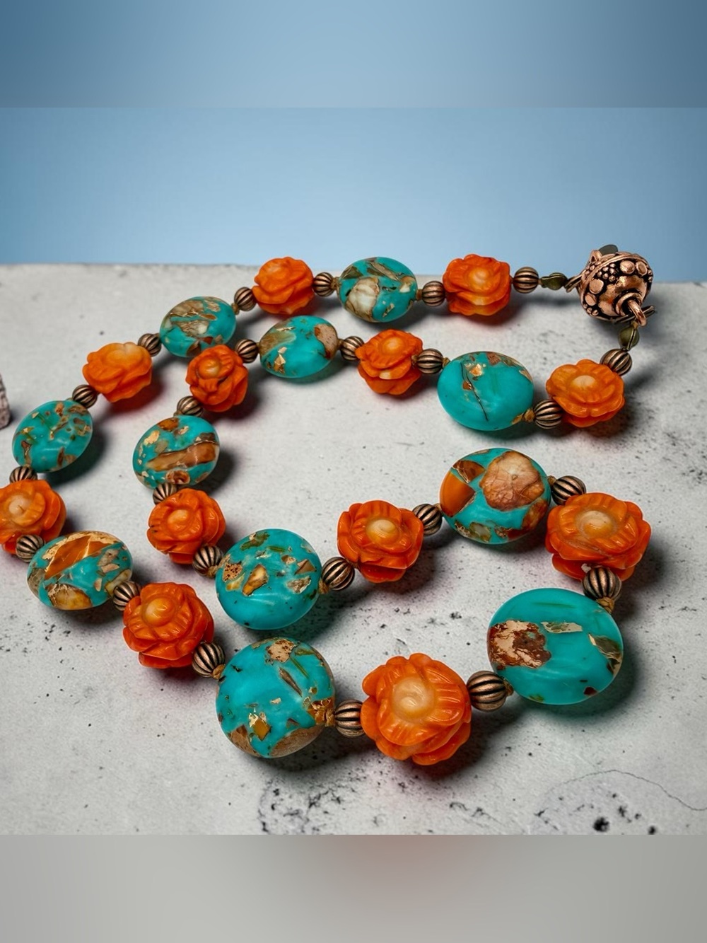 Artisan Hand Knotted Emperor Jasper Carved Coral floral bead Copper Necklace 18” - Picture 17 of 17
